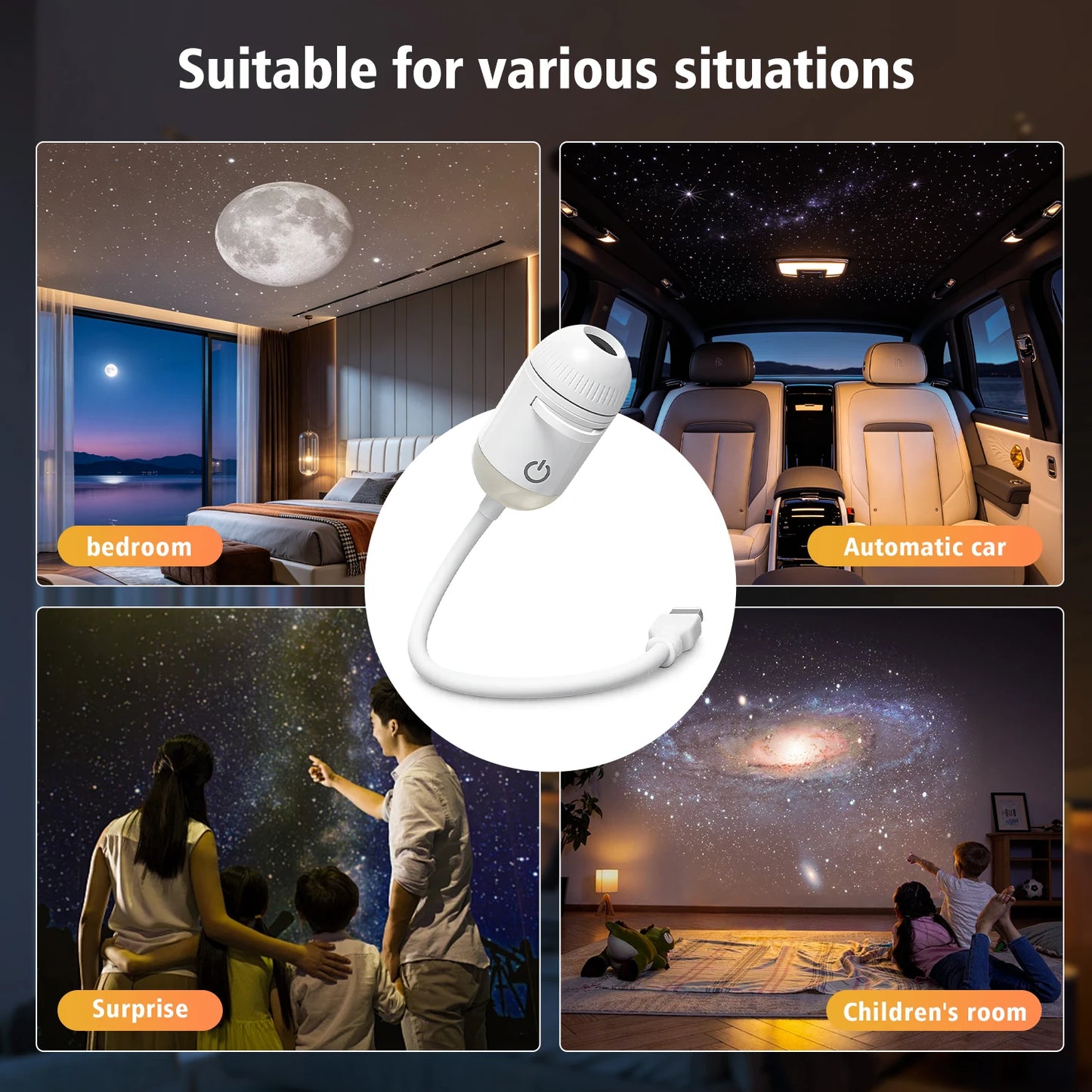 Proyector de Luz Nocturna USB 2 en 1 – Ambiente Relajante para Dormitorio, Auto y Camping