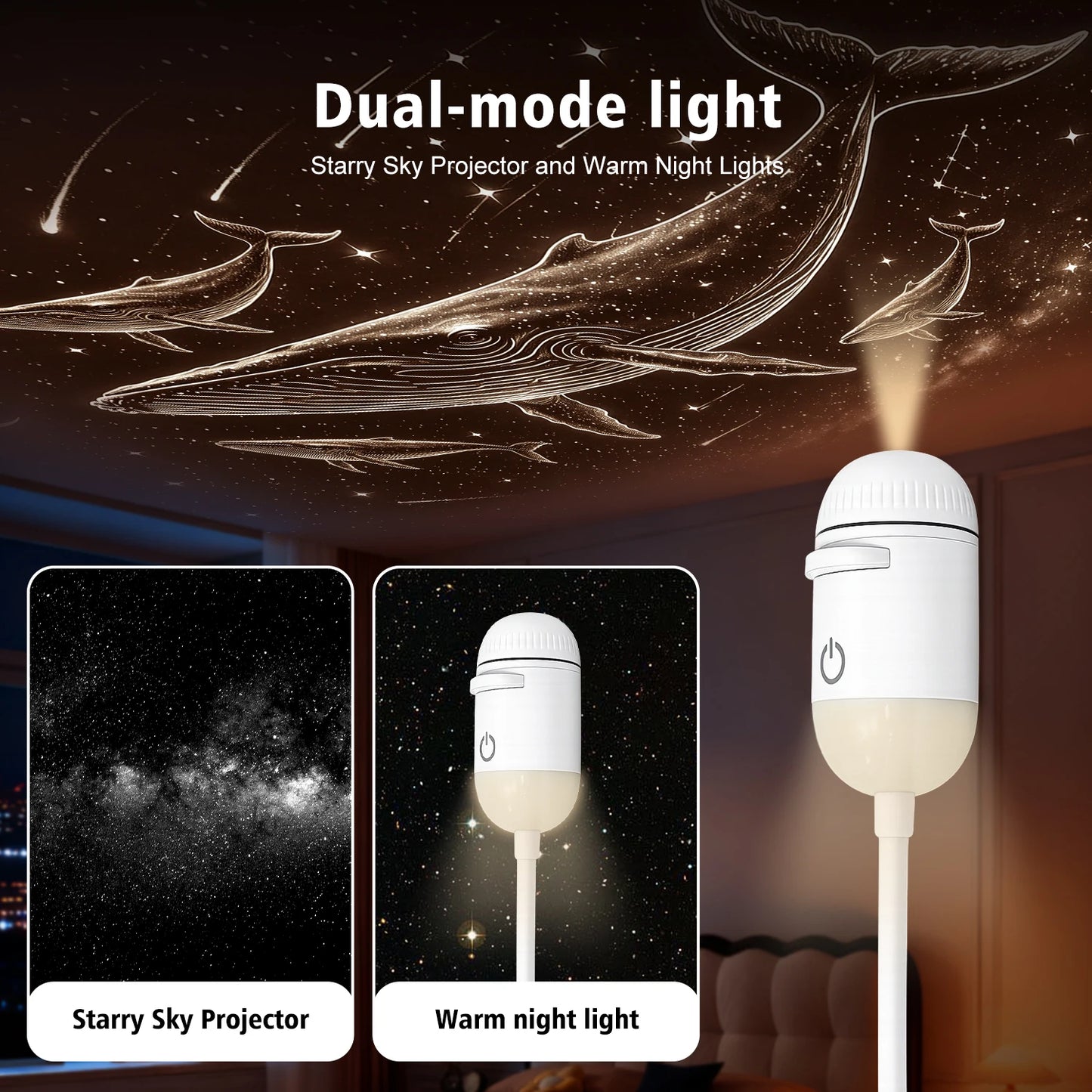 Proyector de Luz Nocturna USB 2 en 1 – Ambiente Relajante para Dormitorio, Auto y Camping